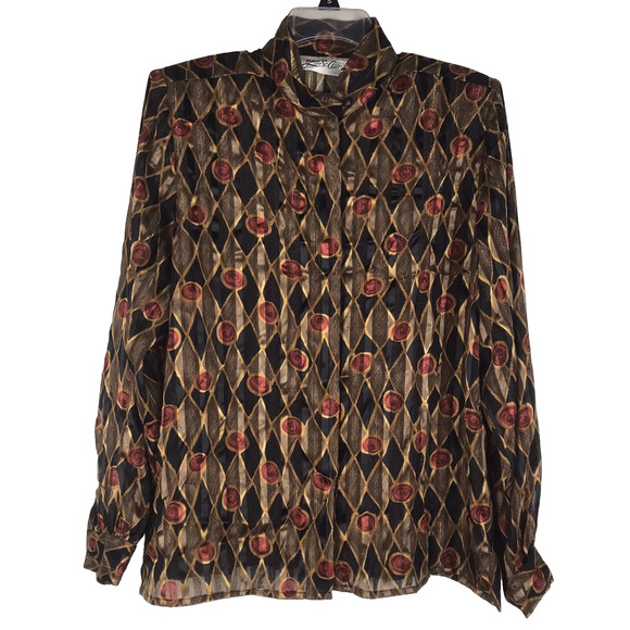 Vintage Yves St Clair 2 Button Up Top Sheer Blouse Diamond Black Gold Red Sz 14W - Picture 1 of 10